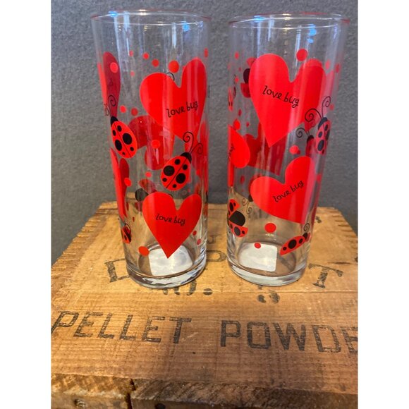 Set of 2 Anchor Hocking Love Bug Drinking Glasses Red Black Valentines Hearts - Picture 1 of 5